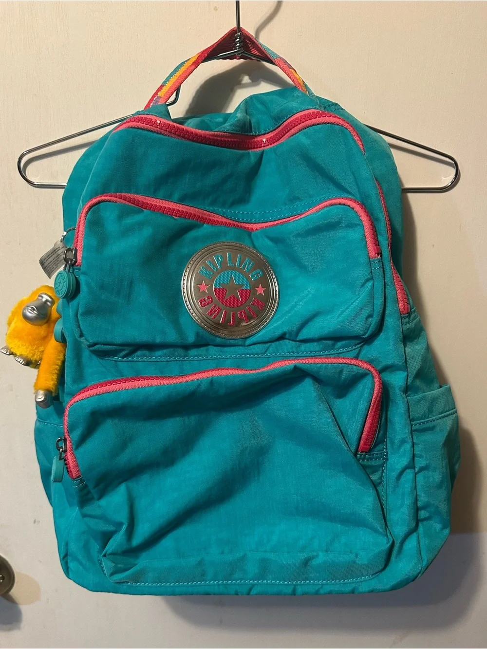 Kipling Turquoise Backpack with Pink Accents and Monkey Charm